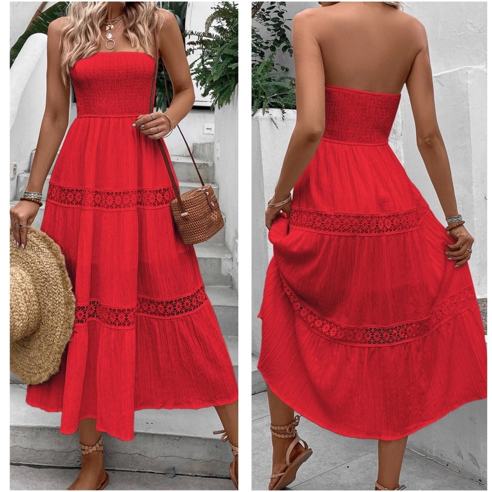 Floral Lace Shirred Bodice Tube Maxi Dress - Picture 6 of 8